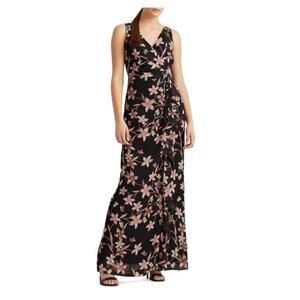 Lauren Ralph Lauren Black Ruffled Floral Surplice Neckline Maxi Dress -6